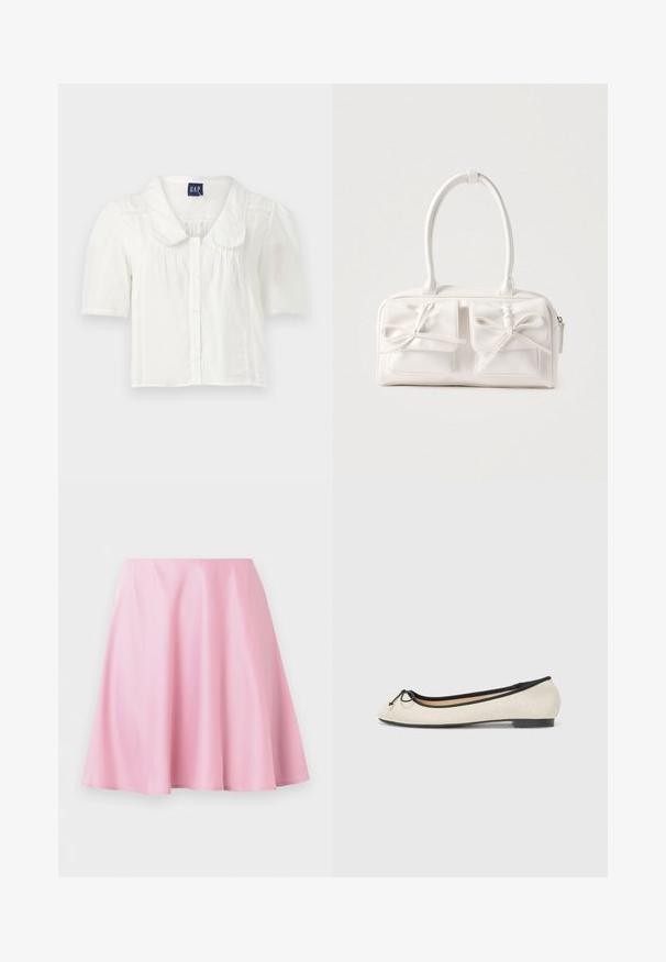 Blusa blanca de manga corta con cuello y cierre de botones, que presenta pliegues verticales sutiles y acentos texturizados a lo largo de los lados.; Falda línea A de largo hasta la rodilla en color rosa, con tela suave y ligeras arrugas, exhibida sobre un fondo blanco liso.; Bailarinas en un tejido beige con un ribete negro. Presentan una punta redondeada y un pequeño lazo en la parte delantera. Suela de bajo perfil.; Bolso sintético blanco con dos bolsillos delanteros, cada uno con un detalle de lazo atado. Textura suave, asas redondeadas y cierre de cremallera.