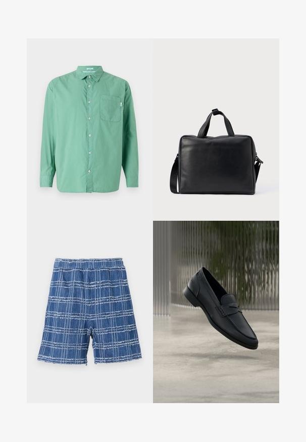 Chemise verte à boutons, manches longues, en coton, avec une poche poitrine unique, coupe décontractée, texture subtile et col classique.; Shorts en denim avec un ourlet effiloché, présentant un motif à carreaux bleus. Taille élastique, coupe droite et texture douce.; Mocassin en cuir noir à finition lisse, bout pointu et détails cousus sur le dessus. Talon bas et design minimaliste.; Sac de voyage en cuir noir de forme rectangulaire, avec deux poignées, une bandoulière amovible et des ornements minimalistes.