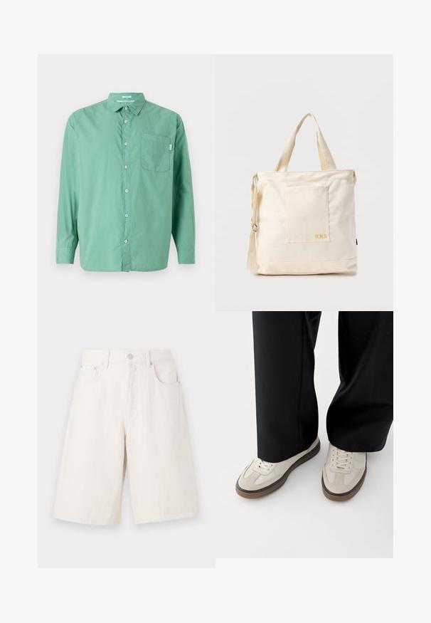 Grønne knapse skjorte, lange ærmer, bomuldsmateriale, enkelt brystlomme, afslappet pasform, subtil tekstur og klassisk kravedesign.; Lyse beige denim shorts med løs pasform, der har to forlommer, lynlås og metalknaplukning.; Fødder iført beige sneakers med brune såler og sorte bukser med vide ben på hvid baggrund.; Kremfarvet lærredstote-taske med frontlomme, to håndtag, justerbar skulderrem og lille gul "O.N.S" tekst i nederste højre hjørne af lommen.