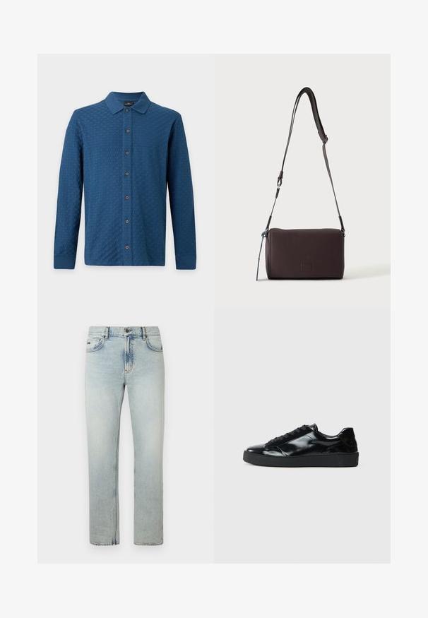 Chemise bleue texturée à manches longues avec col et boutons marron sur un fond clair uni.; Jean en denim bleu clair avec une coupe droite, doté d'un style à cinq poches, d'une fermeture à boutons et de détails d'usure subtils.; Baskets en cuir verni noir avec un bout arrondi, un laçage, une semelle en caoutchouc texturé et une finition lisse.; Sac bandoulière en cuir marron foncé texturé avec une sangle réglable et un petit accent décoratif bleu sur le côté.