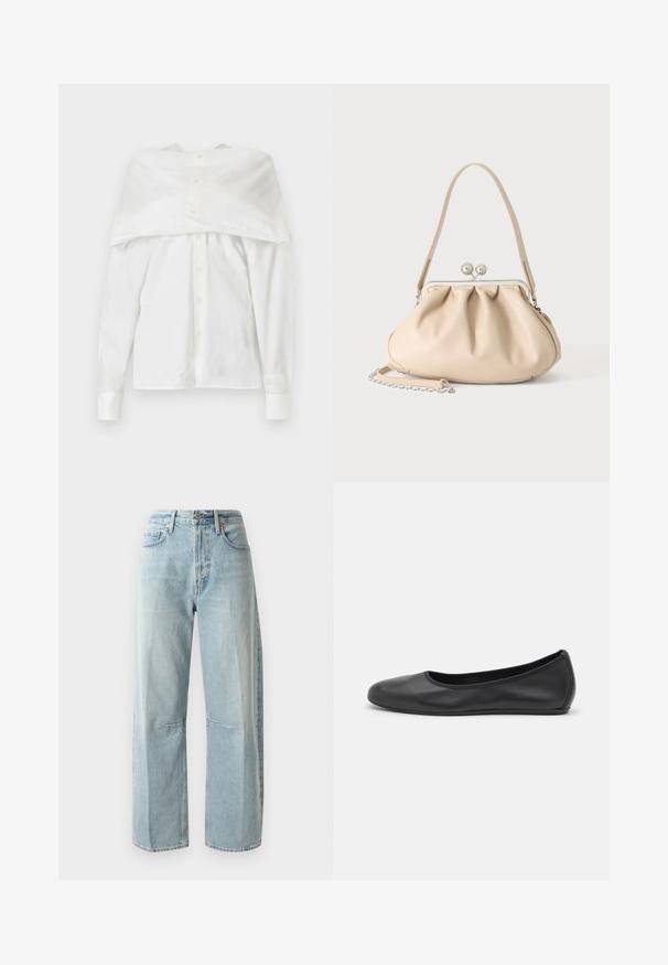Chemise blanche à manches longues, en coton, avec un devant à boutons, un design dégageant les épaules et un dos drapé, texture lisse, col classique et poignets.; Jean large bleu clair en denim. Présente une taille haute, deux poches avant et une jambe droite avec un léger délavage.; Ballerines en cuir noir avec un bout rond, texture lisse, détails de couture minimalistes et design de semelle flexible.; Sac à main en cuir souple beige avec un fermoir en métal argenté, une bandoulière simple et une bandoulière chaîne optionnelle sur fond blanc.
