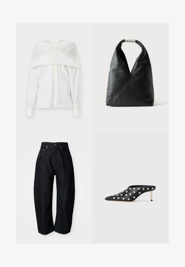 Chemise blanche à manches longues, en coton, avec un devant à boutons, un design dégageant les épaules et un dos drapé, texture lisse, col classique et poignets.; Jean en denim foncé à coupe décontractée, avec des coutures orange discrètes, des poches avant et une taille plate avec une fermeture à bouton.; STAND STUDIO KELSEY - Mules à talons - black; Sac à main en cuir noir avec une forme triangulaire douce et une poignée à fermoir métallique argenté sur fond blanc uni.