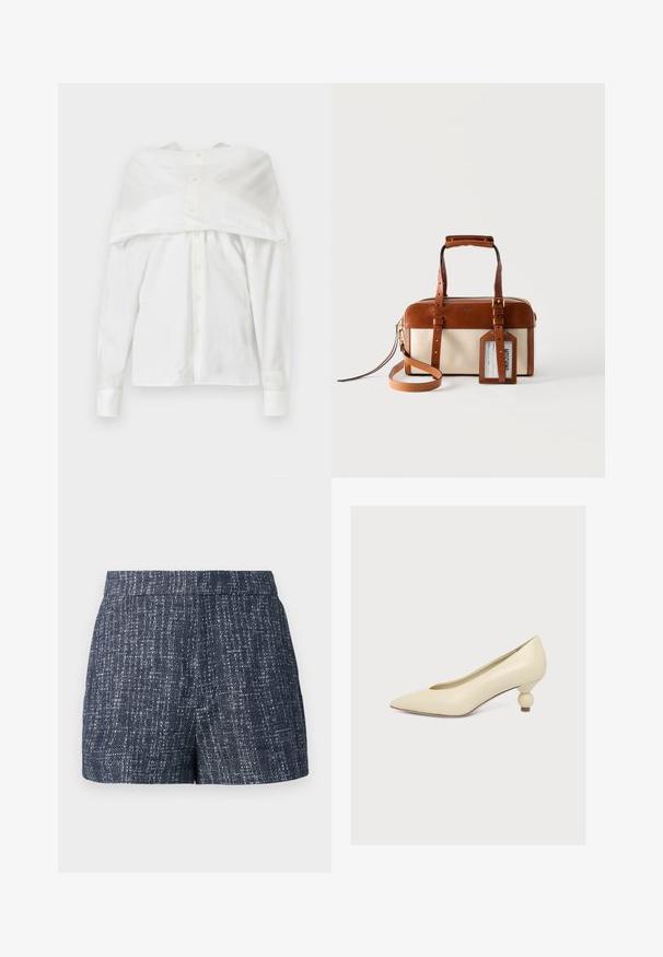 Hvid langærmet skjorte, bomuldsstof, knaplukning fortil, off-shoulder design med draperet ryg, glat tekstur, klassisk krave og manchetter.; Mørkeblå shorts lavet af tekstureret stof, med et subtilt mønster og en flad talje. Minimalistisk design uden lommer.; Kremfarvet pump med spids tå og lav, unik pæreformet hæl på ensfarvet hvid baggrund.; Rektangulær beige og brun læderhåndtaske med dobbelte håndtag, en aftagelig strop og en synlig bagagetag på en ensfarvet baggrund.