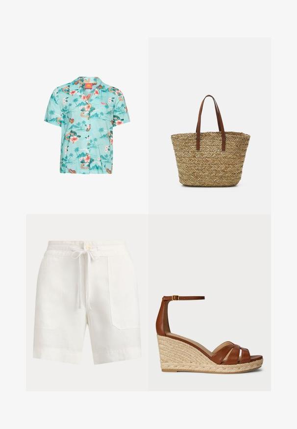 Camisa de manga corta con botones en tejido azul claro con estampado tropical de flores y motivos isleños, con cuello campestre y botones marrones.; Pantalones cortos blancos hasta la rodilla con bolsillos frontales, cierre de botón y cordón ajustable con lazo en la cintura.; Sandalias de cuña de cuero marrón con una correa en el tobillo, que presentan una plataforma de yute trenzado y un diseño de tiras cruzadas. Materiales duraderos y texturizados.; Bolso de tote de paja trenzada con asas de cuero marrón claro. Forma redondeada con un intrincado patrón de espiga en todo el cuerpo.
