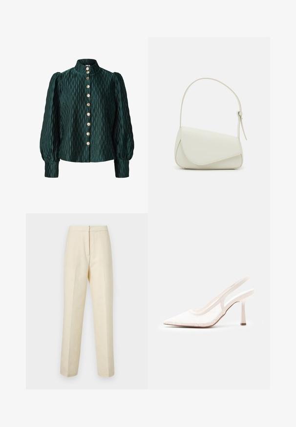 Donkergroene gebreide blouse met opgeblazen lange mouwen, hoge kraag en een voorkant met acht gouden ronde knopen.; Lichte crème tailored broek met een textuur van bloemmotief, met een rechte pijp en een schone tailleband met een achtersluiting.; Witte slingback met spitse neus, hoge hak, bovenwerk van kanten mesh en een slanke hak op een effen lichtgrijze achtergrond.; Witte nepleren handtas met een gestructureerde driehoekige vorm, een enkele verstelbare schouderriem en een klep met ronde accenten.