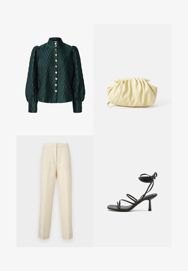 Donkergroene gebreide blouse met opgeblazen lange mouwen, hoge kraag en een voorkant met acht gouden ronde knopen.; Lichte crème tailored broek met een textuur van bloemmotief, met een rechte pijp en een schone tailleband met een achtersluiting.; Zwarte bandjes sandaal met een vierkante neus, verstelbare enkelbandjes en een slanke blokhak. Gemaakt van een glad, duurzaam materiaal.; Geel geplooide handtas van soepel nepleer, met een zachte vorm, een enkele schouderriem en een verzameld ontwerp aan de bovenkant.