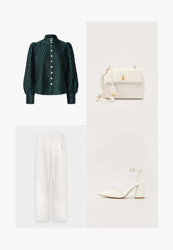 Blusa texturizada de color verde oscuro con mangas largas abullonadas, cuello alto y una fila frontal de ocho botones redondos dorados.; Pantalones de pierna ancha color crema con un frente plano, pliegues y una textura de tela suave. Diseñados con presillas para cinturón y dobladillos ajustados.; Sandalia blanca de tacón con puntera afilada, correa ajustable en el tobillo y un tacón cuadrado grueso. Textura lisa con detalles de costura mínimos.; Bolso blanco de cuero con asa superior, correa de hombro ajustable, cierre de solapa y detalle de cierre en tono dorado sobre un fondo liso.