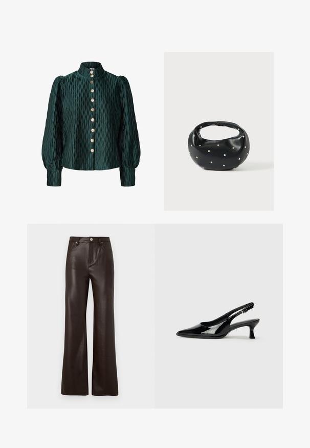 Blusa texturizada de color verde oscuro con mangas largas abullonadas, cuello alto y una fila frontal de ocho botones redondos dorados.; Vero Moda Wide-leg VMTESSA High rise - Pantalones - chocolate torte; Zapatos de charol negro tipo slingback con punta afilada y tacón bajo. Correa ajustable con hebilla en el tobillo.; Bolso de mano de cuero negro con forma redondeada, decorado con detalles de tachuelas plateadas y un asa corta. Textura lisa y cierre con cremallera.