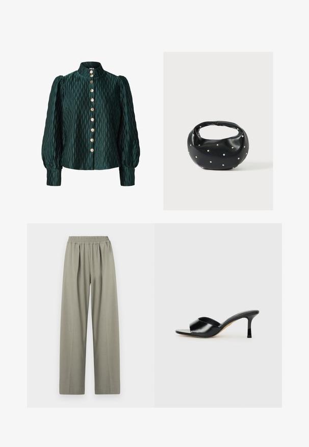 Donkergroene gebreide blouse met opgeblazen lange mouwen, hoge kraag en een voorkant met acht gouden ronde knopen.; Hoge taille, lichtgrijze wijde broek met elastische tailleband en plooien aan de voorkant.; Zwarte leren hoge hakken mules met een open teen ontwerp en een brede, gebogen bovenband. Gladde textuur en gestroomlijnde silhouette.; Zwarte leren handtas met een afgeronde vorm, versierd met zilveren studs, en een korte handgreep. Gladde textuur en ritsluiting.