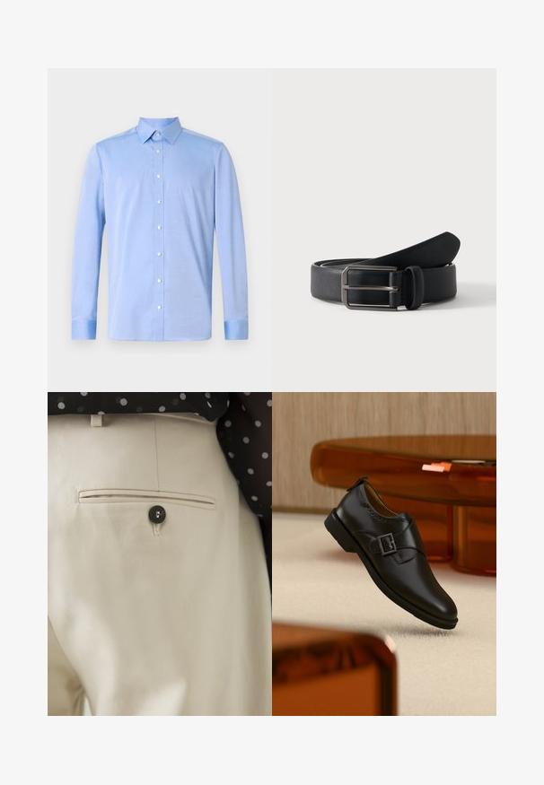 Chemise bleu clair à manches longues, avec un col classique et des boutons blancs. Le tissu semble lisse avec une légère texture.; Pantalon beige en tissu texturé avec une poche arrière fermée par un bouton noir. Finitions de couture discrètes le long de la poche.; Chaussure monk en cuir noir avec boucle argentée, flottant au-dessus d'un tapis beige avec des meubles translucides marron en arrière-plan.; Ceinture en cuir noir roulée avec une boucle métallique argentée rectangulaire sur un fond clair uni.