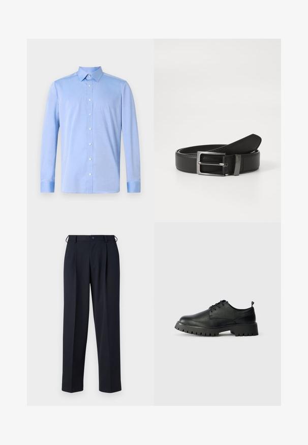 Chemise bleu clair à manches longues, avec un col classique et des boutons blancs. Le tissu semble lisse avec une légère texture.; Pantalon bleu marine sur mesure avec fermeture devant par bouton et zip, passants de ceinture et poches latérales, présenté sur un fond blanc.; Chaussures en cuir noir à lacets avec un bout arrondi, surface texturée et semelle en caoutchouc épaisse dotée de profondes rainures pour une meilleure adhérence.; Ceinture en cuir noir avec une boucle en métal argenté, présentant une finition lisse et un design classique. La ceinture est soigneusement pliée.