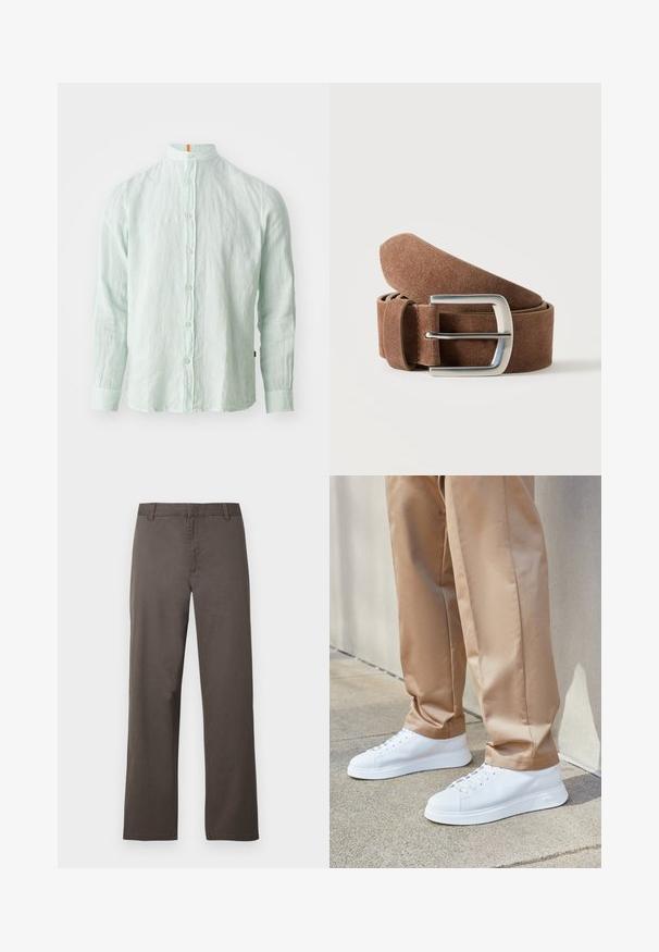 Chemise à manches longues en lin vert clair avec un col montant, fermeture à boutons sur le devant et texture subtile. Présente un accent orange sur le col.; Pantalon en coton marron avec une coupe droite, doté de passants de ceinture et une texture lisse. Aucun motif visible ni détail de quincaillerie.; Baskets en cuir blanc avec une finition lisse, embouts ronds, lacets blancs et un design minimaliste. Portées avec un pantalon tapered marron clair.; Ceinture en daim marron roulée avec une boucle rectangulaire en métal argenté sur un fond clair uni.