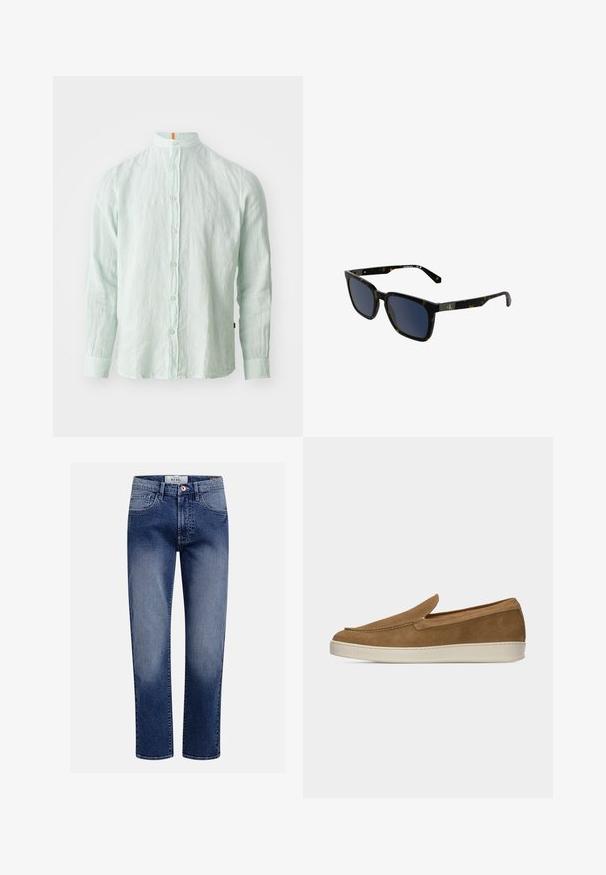 Chemise à manches longues en lin vert clair avec un col montant, fermeture à boutons sur le devant et texture subtile. Présente un accent orange sur le col.; Jean en denim bleu foncé avec une coupe droite, doté de cinq poches, de surpiqûres apparentes et d'une fermeture à bouton.; Chaussure en daim marron clair à enfiler avec semelle en caoutchouc blanche, coutures minimales et design profil bas sur un fond clair uni.; Lunettes de soleil rectangulaires en écaille avec verres foncés et branches fines, dotées d'un petit détail de logo métallique sur les branches.