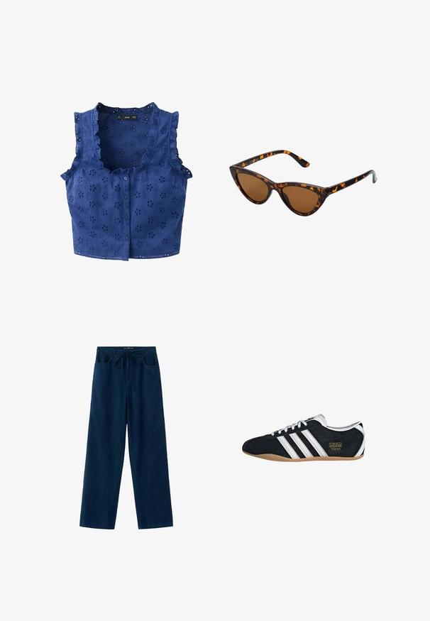 Blouse bleue sans manches avec boutons devant, broderie florale ajourée, et bords volantés le long de l'encolure et des emmanchures.; Pantalon large bleu marine avec poches avant et taille à cordons lacée, présenté sur fond blanc.; Sneakers en suede noir avec trois bandes blanches, logo doré et semelle en caoutchouc marron. Présente un design à lacets à profil bas.; Lunettes de soleil style œil de chat avec une monture en écaille de tortue noire et orange, verres marron et pointes effilées et élégantes. Présente un logo minimaliste sur la branche.