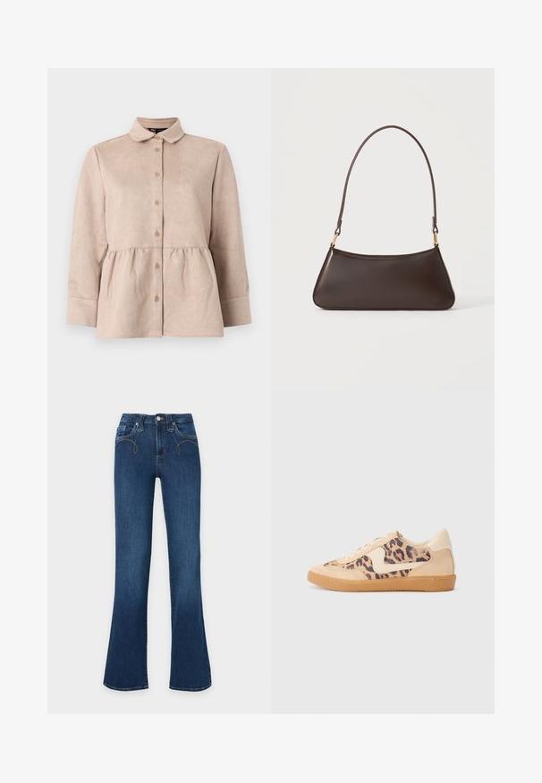 Beige suède shirt met een kraag, knoopsluiting aan de voorkant en een peplum taille. Heeft lange mouwen en een gladde textuur met kleine knopen.; Donkerblauwe denim jeans met een hoge taille, voorzijde met knoop en ritssluiting, en wijde pijpen.; Luipaardprint sneakers met een beige suède bovenkant, tan rubberen zool en witte accenten. Ronde neus en vetersluiting met een gestructureerde afwerking.; Donkerbruine leren handtas met een gebogen bovenrits en een dunne schouderriem met gouden sluitingen op een effen achtergrond.