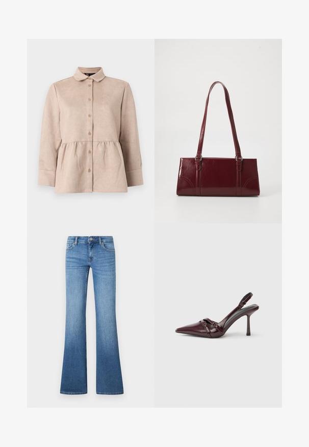 Beige suède shirt met een kraag, knoopsluiting aan de voorkant en een peplum taille. Heeft lange mouwen en een gladde textuur met kleine knopen.; Lichtblauwe uitlopende jeans gemaakt van denim. Voorzien van een ontwerp met vijf zakken, metalen knoopsluiting en subtiele vervagingen bij de knieën.; Bordeauxrode lakleren slingback met puntige neus, dunne enkelband en kleine decoratieve gespsluiting. Gladde textuur en hoge hak.; Bourgondische handtas van glanzend materiaal, rechthoekige vorm, met twee schouderbanden en subtiele gebogen accenten aan de voorkant.