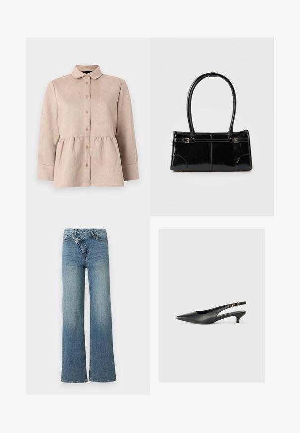 Camisa de ante beige con cuello tipo camisa, botones en la parte frontal y cintura peplum. Presenta mangas largas y una textura suave con pequeños botones.; Vaqueros de mezclilla azul claro de pierna ancha con cintura alta, decoloración ligera y cierre de botón en la parte delantera. Cuenta con cinco bolsillos y costuras mínimas.; Zapato de tacón slingback negro de punta afilada, hecho de cuero suave. Presenta un tacón delgado y un detalle de hebilla en la correa ajustable.; Bolso rectangular negro brillante con dos finas correas para el hombro y pequeños detalles de hebilla dorada en la parte frontal.
