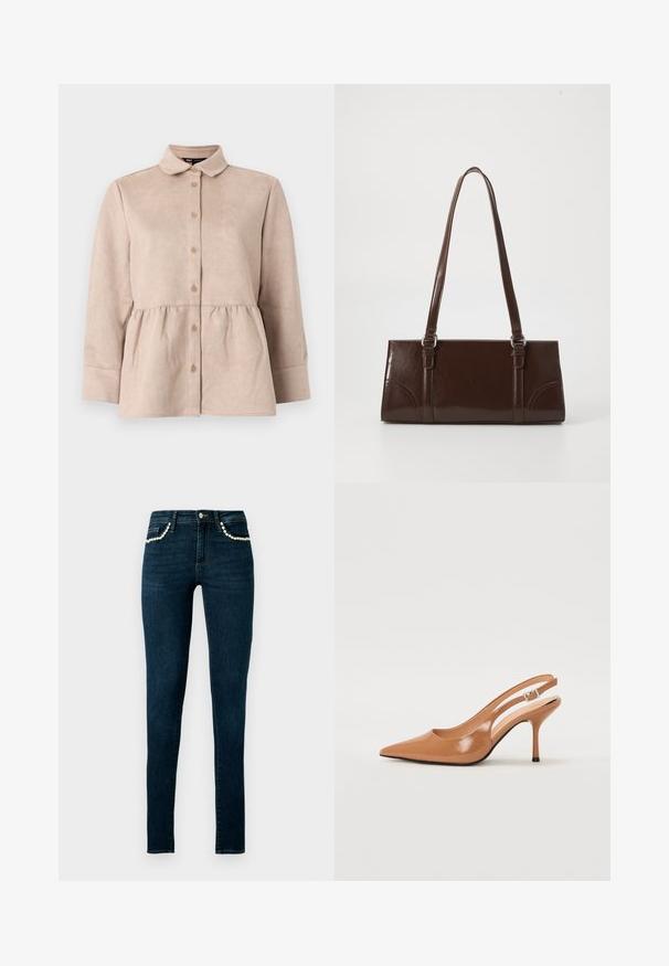 Camisa de ante beige con cuello tipo camisa, botones en la parte frontal y cintura peplum. Presenta mangas largas y una textura suave con pequeños botones.; Vaqueros pitillo azul oscuro con cintura alta y detalles de perlas que delinean los bolsillos delanteros, mostrados sobre un fondo liso y claro.; Zapato de tacón tipo slingback con punta afilada en un material suave y brillante de color marrón. Presenta un diseño con corte curvado y un tacón de aguja delgado. Detalle de hebilla plateada.; Bolso de mano de piel sintética marrón con forma rectangular, dos asas largas y sutiles acentos curvados en la parte delantera.