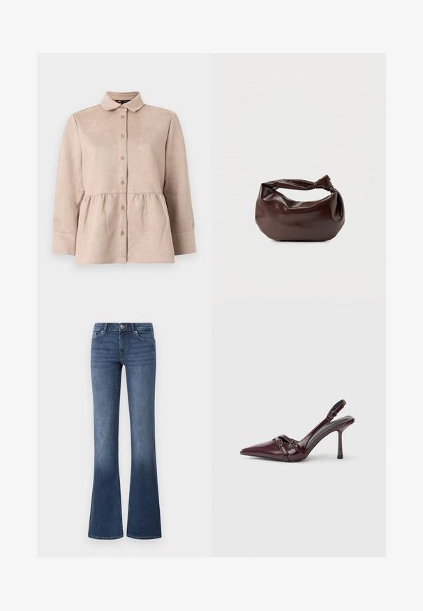 Camisa de ante beige con cuello tipo camisa, botones en la parte frontal y cintura peplum. Presenta mangas largas y una textura suave con pequeños botones.; Jeans acampanados de color azul, hechos de mezclilla, con un lavado medio, cinco bolsillos y una cremallera con cierre de botón. Textura suave.; Zapato de tacón slingback de charol burdeos con puntera puntiaguda, fina correa en el tobillo y pequeño detalle decorativo de hebilla. Textura suave y tacón alto.; Bolso de hombro de cuero marrón oscuro con una forma suave y caída, y un asa con nudo torcido sobre un fondo blanco liso.