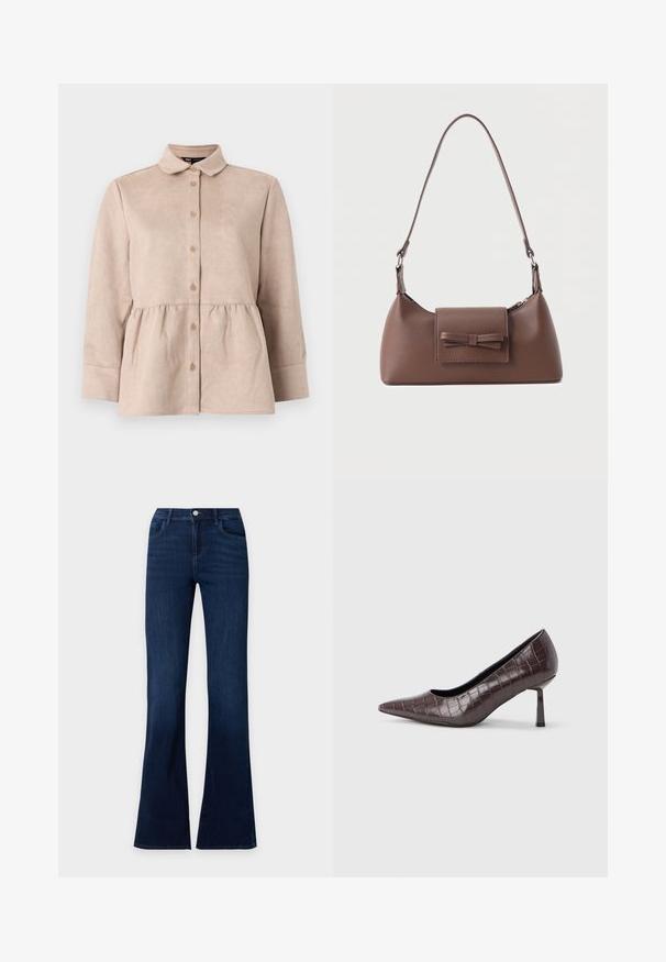 Vaalean beige-suede-paita, jossa on kauluspää ja napitus edessä, sekä peplum-vyötärö. Ominaisuuksiin kuuluvat pitkät hihat ja sileä pinta, jossa on pieniä nappeja.; Tummansiniset farkut, joissa levenevät lahkeet, etutaskut ja nappikiinnitys vyötäröllä.; Ruskeat keinonahkaiset, kärjestä terävät korot, joissa krokotiilikuosinen pinta, ohut kulmikas kenkäkulma ja sileä sisäpinta.; Ruskea nahkainen olkalaukku, jossa on etutasku, jossa on ommeltu rusetti, sekä säädettävä hihna.