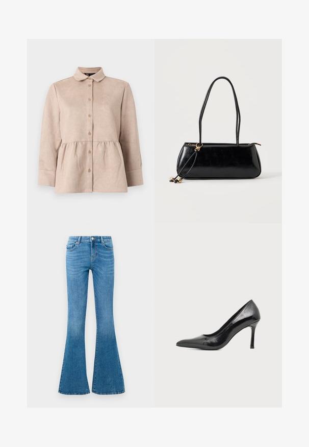 Beige suède shirt met een kraag, knoopsluiting aan de voorkant en een peplum taille. Heeft lange mouwen en een gladde textuur met kleine knopen.; Blauwe spijkerbroeken met uitlopende pijpen en een mid-rise taille, voorzien van vijf zakken, een standaard knoopsluiting en een lichte vervaging voor textuur.; Zwarte lakleren damesschoen met hoge hak, puntige neus en smalle hak op een effen lichte achtergrond.; Zwarte rechthoekige handtas met twee lange bandjes, gouden ringdetail en ritssluiting op een effen lichte achtergrond.
