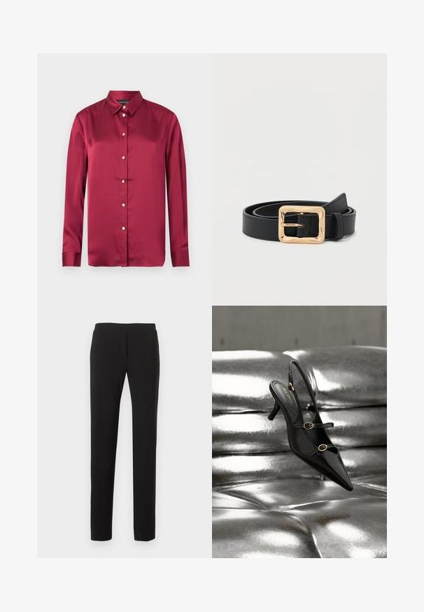 Blouse en satin bordeaux à manches longues, col pointu et boutons décoratifs dorés sur le devant.; Pantalon noir slim fit avec un devant plat et sans poches visibles, présenté sur un fond blanc.; Escarpin slingback noir à bout pointu avec deux brides à boucle dorée reposant sur une surface rembourrée argentée brillante.; Ceinture en cuir noir avec une boucle carrée dorée brillante, enroulée soigneusement sur un fond blanc uni.