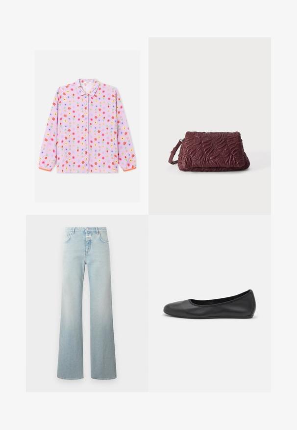 Chemise à manches longues de couleur violet clair avec un motif floral couvrant en rouge, jaune et bleu. Comprend un col à revers et une fermeture à boutons.; CLOSED GILLAN - Wide Leg - light blue; Ballerines en cuir noir avec un bout rond, texture lisse, détails de couture minimalistes et design de semelle flexible.; Pochette en cuir texturé rouge foncé avec motifs de feuilles embossés et une bandoulière réglable sur un fond clair uni.