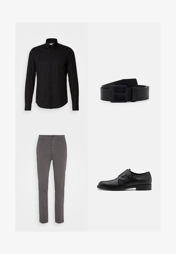 Chemise noire à manches longues en tissu lisse. Dotée d'un col classique, d'un patte de boutonnage et d'un ourlet droit. Aucune motif ou accent présent.; Chino gris avec une coupe slim, fabriqué en coton respirant. Dispose d'une fermeture à bouton et de poches latérales, avec une finition lisse et mate.; Chaussure habillée en cuir noir avec double boucle, silhouette élégante et bout rond. Dispose d'un petit talon et d'une texture lisse.; Ceinture en cuir noir à finition mate, présentant une boucle en métal rectangulaire et une texture lisse. Design simple sans motifs ni accents.