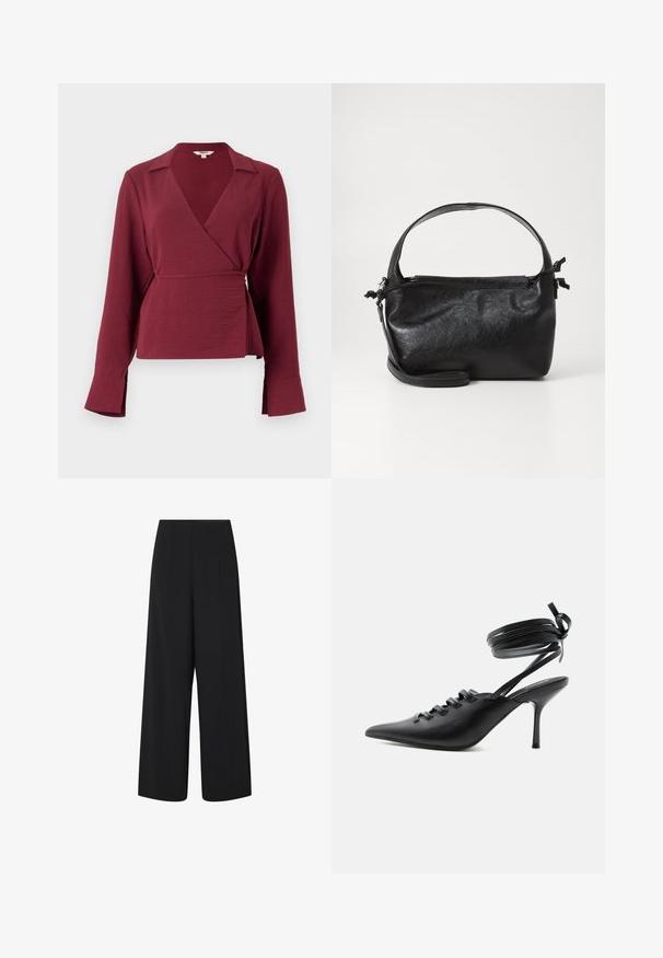 Bordeaux omslagsbluse med lange ærmer, en klapkrave og en bindebeslag i taljen, der har en tekstureret stof og flagrende ærmeender.; Black wide-leg cropped bukser med høj talje og sidelommer, med subtile lodrette sømdetaljer.; Sort spids sko med høje hæle, snørelukning foran og omlægning omkring anklerne bundet med sløjfe, vist fra siden på hvid baggrund.; Sort læderhåndtaske med et struktureret design, rund tophåndtag og aftagelig skulderrem. Den har en glat tekstur og en subtil glans.
