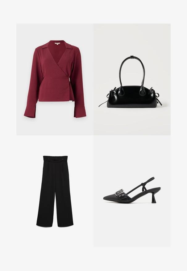 Blusa envolvente burdeos con mangas largas, cuello con muesca y detalle de lazo en la cintura, que presenta una tela texturizada y puños de mangas acampanados.; Pantalones negros de pierna ancha con una pretina alta, que cuentan con dos botones frontales y una textura suave. Corte recto con pliegues en la parte delantera.; Simmi London DALA - Tacones - black; Pequeño bolso negro brillante con dos asas largas y detalles de cordón lateral sobre un fondo claro liso.