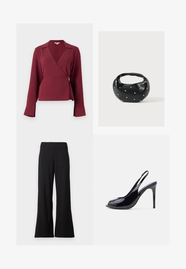 Blusa envolvente burdeos con mangas largas, cuello con muesca y detalle de lazo en la cintura, que presenta una tela texturizada y puños de mangas acampanados.; Pantalones de pierna ancha negros con cintura alta y tela suave contra un fondo blanco liso.; Zapato de tacón alto tipo slingback de charol negro con punta abierta y tacón de aguja sobre fondo blanco liso.; Bolso de mano de cuero negro con forma redondeada, decorado con detalles de tachuelas plateadas y un asa corta. Textura lisa y cierre con cremallera.