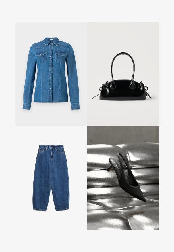 Chemise en denim de couleur bleue moyenne, dotée d'une fermeture à boutons sur le devant, de deux poches poitrine et d'un col. Texture lisse avec des coutures décoratives.; Jean en denim bleu avec taille haute, coupe décontractée et jambes droites. Design classique à cinq poches avec fermeture éclair et bouton.; Chaussure noire à bout pointu avec bride arrière et petit talon, posée sur une surface en cuir matelassé argenté métallique et brillant.; Petit sac à main noir brillant avec deux longues anses et des détails à cordon sur les côtés sur un fond clair uni.