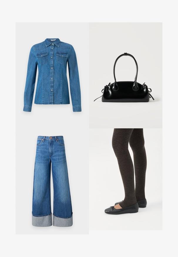Denim overhemd in een medium blauwe kleur, met een knoopsluiting aan de voorkant, twee borstzakken en een kraag. Glad textuur met decoratieve stiksel.; Wijd uitgesneden denim jeans in medium blauw. Kenmerken een hoge taille, omgeslagen zoom in lichter denim en een klassieke vijf-pocket ontwerp met metalen accenten.; Benen met donkere geribbelde leggings gecombineerd met zwarte ballerina's met kleine strikdetails op een witte achtergrond.; Kleine zwarte glanzende handtas met twee lange hengsels en zijkant trekkoord details op een effen lichte achtergrond.