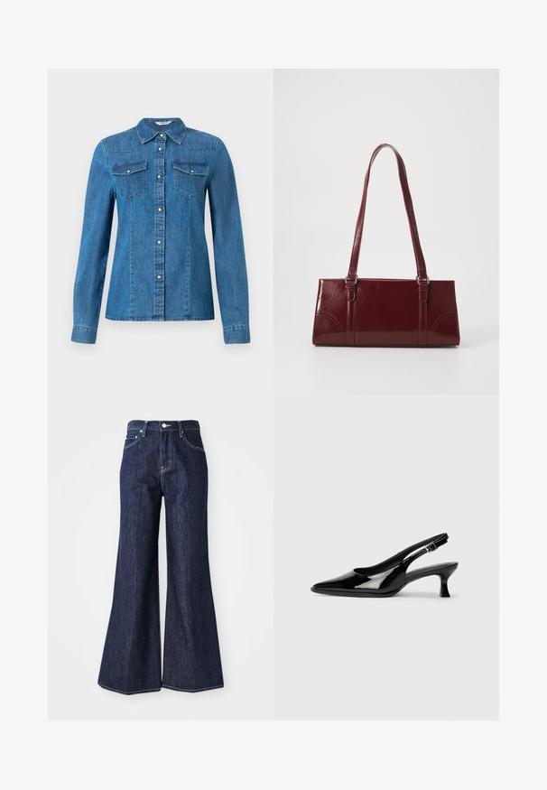 Denim-paita keskisinisessä värissä, jossa on nappi etuosassa, kaksi rintataskua ja kaulakuvio. Sileä pinta koristeompeleilla.; Tummat farkut, joissa on leveä lahje ja korkea vyötärö, varustettu napilla ja vetskalla. Valkoiset ompeleet ja leveät lahkeet luovat jämäkän siluetin.; Musta lakatut slingback-kengät, joissa on kärkikärki ja matala lohkokanta. Säädettävä solki nilkassa.; Burgundin värinen käsilaukku, joka on valmistettu kiiltävästä materiaalista, suorakaiteen muotoinen, kahdella olkahihnalla ja hienovaraisilla kaarevilla aksentteilla edessä.