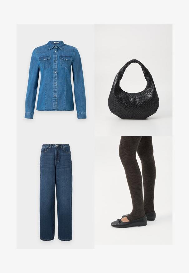 Chemise en denim de couleur bleue moyenne, dotée d'une fermeture à boutons sur le devant, de deux poches poitrine et d'un col. Texture lisse avec des coutures décoratives.; Jean en denim bleu foncé avec une coupe ample, un design à cinq poches et une fermeture à bouton avec des accents en métal le long des coutures latérales.; Jambes portant des leggings côtelés foncés associés à des ballerines noires avec de petits détails en nœud sur fond blanc.; Sac à main tissé noir avec une poignée courbée, présentant une surface texturée et une forme décontractée. Fini lisse avec une silhouette organique.