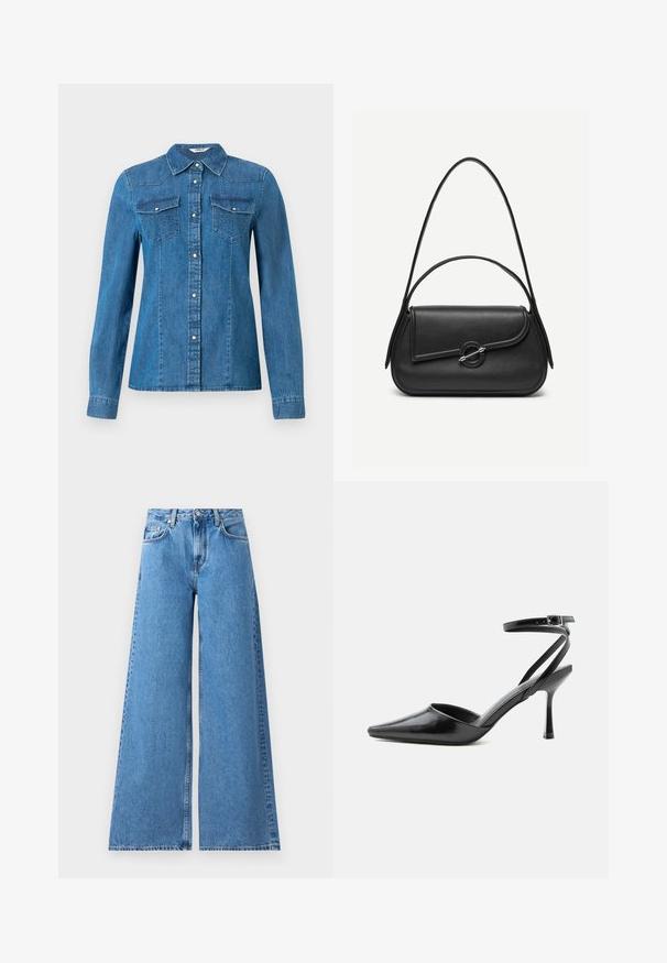 Denim overhemd in een medium blauwe kleur, met een knoopsluiting aan de voorkant, twee borstzakken en een kraag. Glad textuur met decoratieve stiksel.; Brede blauwe denim jeans met een hoge taille, voorzien van een klassieke vijf-pocket ontwerping en steken langs de zijkanten voor extra detail.; Zwarte pumps met puntige neus, dunne enkelbandjes en een zilveren gesp op een effen lichte achtergrond.; Zwarte leren handtas met afgeronde hoeken, asymmetrische klep, metalen ronde sluiting en zowel korte als lange schouderriemen.