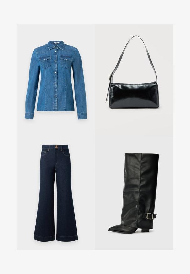 Denim-paita keskisinisessä värissä, jossa on nappi etuosassa, kaksi rintataskua ja kaulakuvio. Sileä pinta koristeompeleilla.; Tummansinisiä farkkuja, joissa on leveä lahje, korkea vyötärö, etutaskut ja kontrastivärinen kultainen tikkaus. Varustettu kaksoispainonapilla.; Musta nahkasaappaat nilkkapituudella, teräväkärkiset, sileällä pinnalla ja hopeisella soljella sivussa. Tukeva neliönmallinen korko.; Musta suorakaiteen muotoinen olkalaukku, jossa on säädettävä yksittäisolkaimen hihna ja yläreunassa vetoketjusuljin, yksivärisellä taustalla.