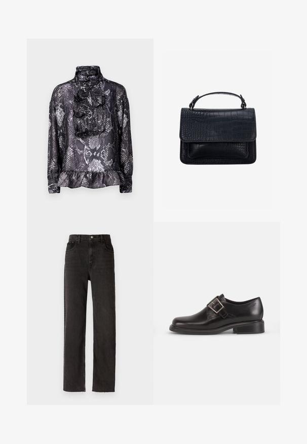Blouse en imprimé serpent noir et gris avec un col haut, une patte de boutonnage froncée, une fermeture à boutons et un ourlet froncé. Manches longues avec poignets.; Pantalons en denim noir avec une coupe droite, dotés d'une taille haute, de cinq poches et de détails à ourlet brut.; Chaussure habillée en cuir noir avec un bout arrondi, détail de boucle de ceinture sur le côté et semelle texturée, posée sur un fond blanc uni.; Sac à main noir avec texture crocodile, forme rectangulaire, rabat supérieur et une seule poignée courte.