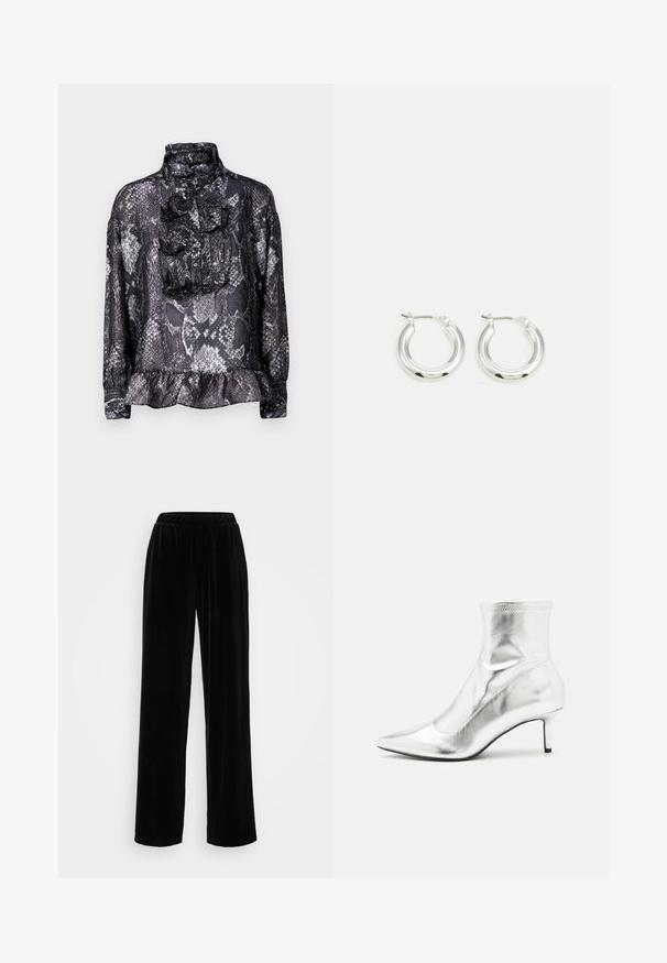 Blouse en imprimé serpent noir et gris avec un col haut, une patte de boutonnage froncée, une fermeture à boutons et un ourlet froncé. Manches longues avec poignets.; Un pantalon noir, long et large, fabriqué en tissu doux et moelleux avec une taille élastique. Texture lisse et couleur unie, sans motifs ni accents visibles.; Bottine métallique argentée avec un bout pointu et un talon fin. Présente un ajustement snug et une texture lisse et brillante. Accent de couture en haut.; Boucles d'oreilles en argent avec une finition polie, présentant une forme circulaire et une fermeture à charnière. Texture lisse avec un minimum de détails.