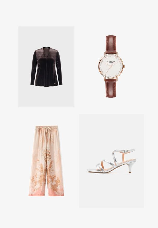 Top de terciopelo oscuro de manga larga con un escote en V profundo, textura suave y diseño minimalista. Presenta un logo sutil en el dobladillo.; Pantalones de pierna ancha en rosa suave con cintura elástica, cordón y patrones paisley intrincados en tonos marrones y beige.; Sandalia de tacón bajo con tiras plateadas, textura metálica, correa de tobillo ajustable y diseño de punta abierta. Plantilla lisa.; Victoria Hyde Reloj - dunkelrot