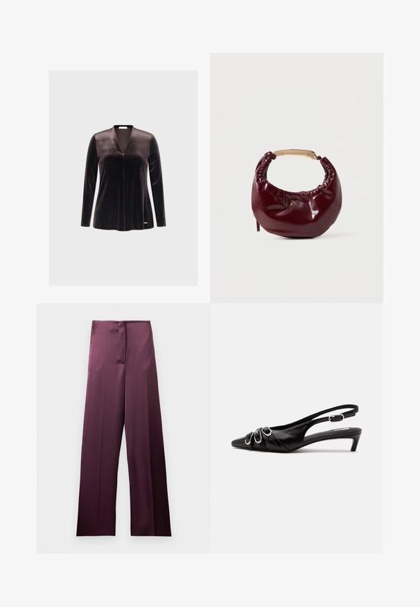 Top de terciopelo oscuro de manga larga con un escote en V profundo, textura suave y diseño minimalista. Presenta un logo sutil en el dobladillo.; Pantalones de tiro alto y pierna ancha en color burdeos oscuro con acabado liso y cierre delantero oculto, mostrados planos sobre un fondo blanco.; Zapato slingback de cuero negro con punta puntiaguda, tres hebillas plateadas en la parte delantera y tacón bajo tipo «kitten» sobre fondo blanco.; Bolso de mano de piel sintética burdeos con forma redondeada, detalles fruncidos y un asa de metal dorado. Textura suave y acabado brillante.