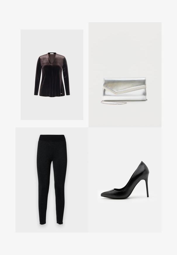 Haut long en velours noir avec un décolleté en V profond, texture lisse et design minimaliste. Présente un logo discret au niveau de l'ourlet.; Leggings noirs avec une taille côtelée, fabriqués en tissu texturé avec un léger reflet métallique, présentant des zippers aux ourlets des chevilles.; Escarpin noir en cuir avec un bout pointu et une texture lisse. Dispose d'un talon aiguille fin et d'un décolleté bas.; Pochette argentée brillante avec rabat style enveloppe et garniture décorative, petite bandoulière chaîne argentée, sur fond clair uni.