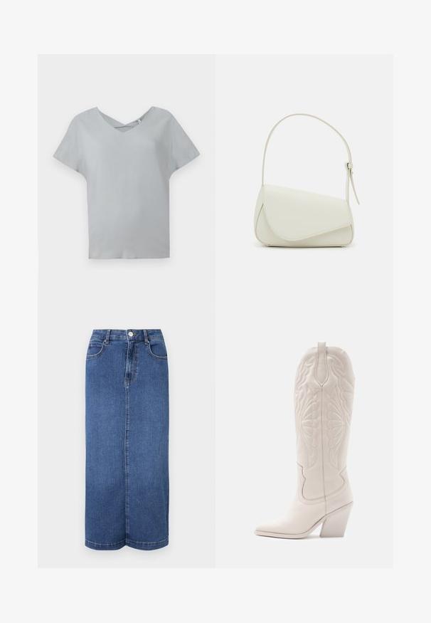 Haut gris clair à manches courtes avec un col en V et un détail croisé au niveau du col, fabriqué à partir d'un tissu doux avec une texture lisse.; Jupe maxi en denim bleu foncé, avec une coupe droite, une taille avec une fermeture à bouton et des détails de couture minimalistes.; Bottine de cowboy en cuir blanc avec un bout pointu et un talon bloc. Présente des motifs de broderie complexes sur la tige et une texture lisse.; Sac à main en cuir synthétique blanc avec une forme triangulaire structurée, une bandoulière unique réglable et un rabat à courbes accentuées.