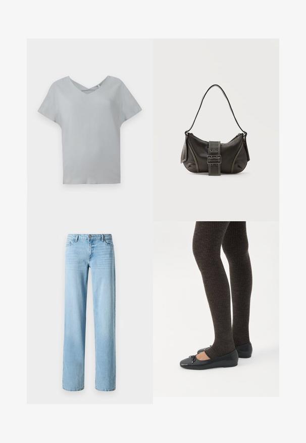Haut gris clair à manches courtes avec un col en V et un détail croisé au niveau du col, fabriqué à partir d'un tissu doux avec une texture lisse.; Jeans en denim bleu clair, design à jambe droite, avec cinq poches et une fermeture à bouton à l'avant. Texture lisse avec un léger délavage.; Jambes portant des leggings côtelés foncés associés à des ballerines noires avec de petits détails en nœud sur fond blanc.; Sac à épaule en cuir noir avec une sangle à boucle, des bords arrondis et des coutures blanches contrastées sur un fond uni.