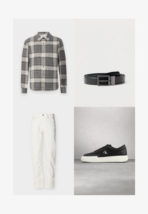 Chemise à manches longues à carreaux noir et crème. Dotée d'un devant à boutons, d'un col classique et d'un motif à carreaux varié. Texture de tissu douce.; Jean en denim blanc pour homme, coupe droite, avec bouton et fermeture éclair à l'avant, passants pour ceinture et design à cinq poches.; Baskets en cuir noir avec une semelle blanche et le logo "cK", présentées en suspension devant un mur en blocs de verre et un sol en béton.; Ceinture en cuir noir avec une texture lisse, dotée d'une boucle métallique carrée à finition mate. Agrémentée d'un logo de la marque sur la ceinture.