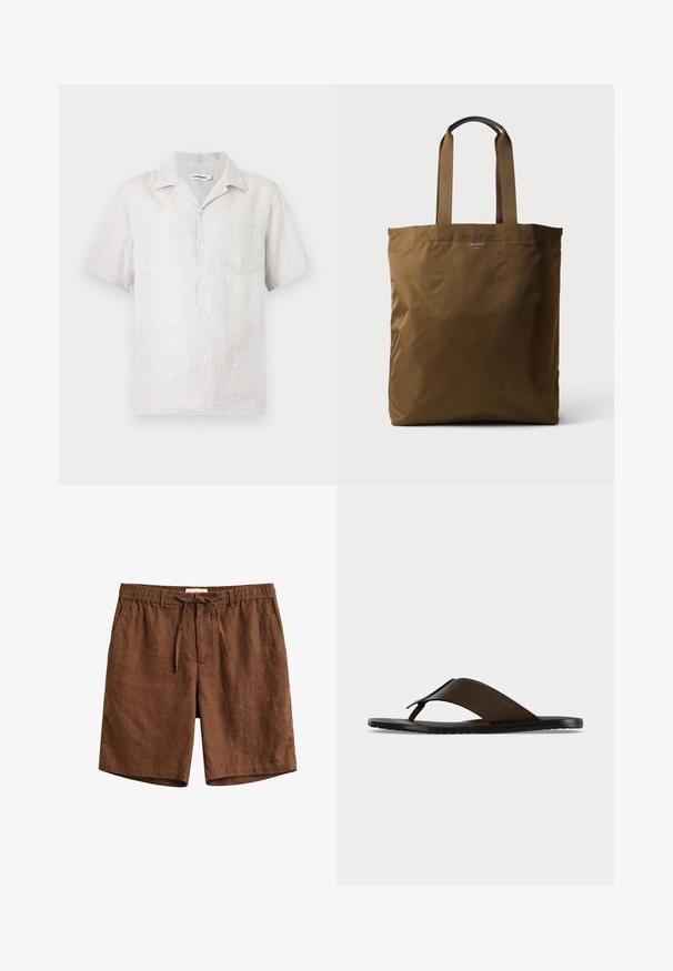 Kortermet skjorte med knapper i lys beige lin med venstre brystlomme og klassisk krage.; Brune linsjortser med elastisk midje, snor, beltestropper og sidelommer.; Mørkebrun lær flip-flops sandal med bred ankelstropp og svart flat såle vist i sideprofil på grå bakgrunn.; Brun stoffhandlenett med lange brune stropper og en liten logo trykt nær toppen i midten.