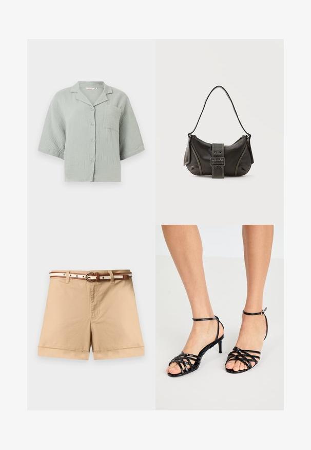Chemise vert clair à manches courtes avec tissu texturé, une poche poitrine à l'avant et un col décontracté.; Short beige en coton taille haute avec revers roulés, fermeture éclair sur le devant, passants de ceinture et une ceinture fine rayée marron et blanche avec boucle.; Sandales à talons hauts noires avec texture brillante. Bride de cheville avec boucle. Design à bout ouvert avec des détails entrecroisés.; Sac à épaule en cuir noir avec une sangle à boucle, des bords arrondis et des coutures blanches contrastées sur un fond uni.