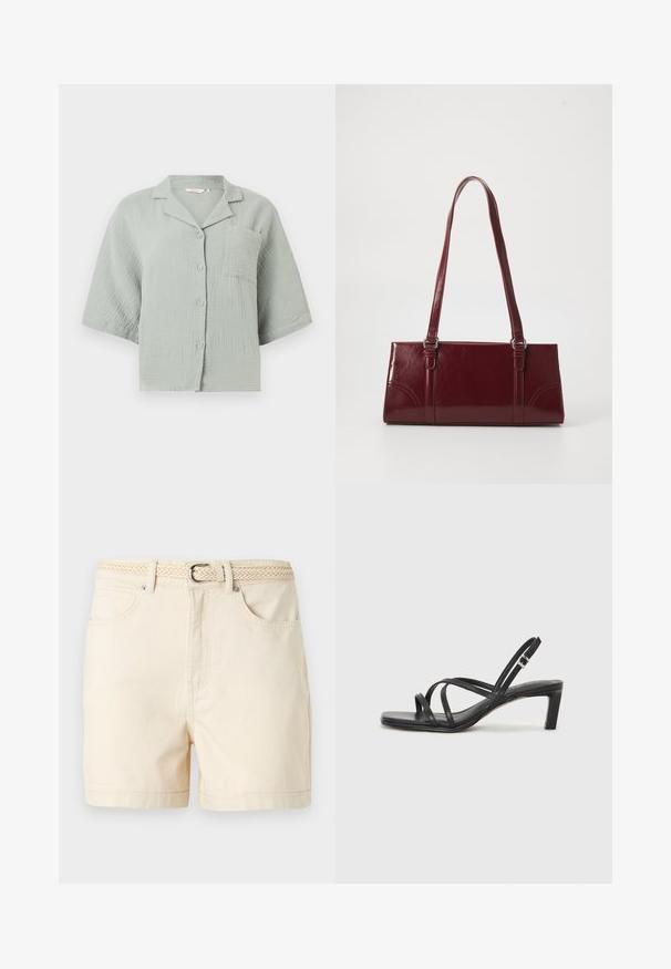 Chemise vert clair à manches courtes avec tissu texturé, une poche poitrine à l'avant et un col décontracté.; Shorts en coton beige avec poches avant et ceinture tissée avec boucle argentée, présentés sur un fond uni.; Sandale noire à lanières avec un bout carré et un petit talon bloc. Elle présente plusieurs fines lanières et une sangle de cheville ajustable. Fabriquée en cuir lisse.; Sac à main bordeaux en matériau brillant, de forme rectangulaire, avec deux anses et des accents légèrement courbés à l'avant.