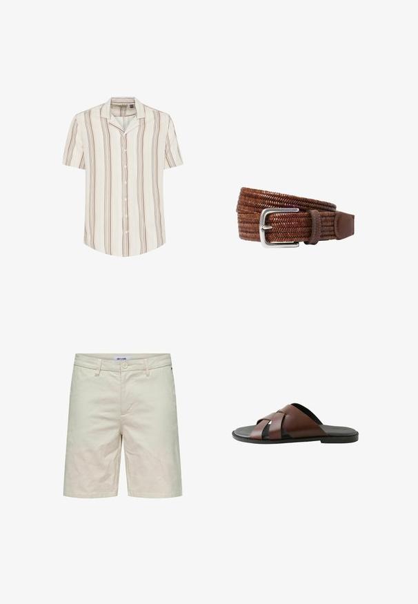 Chemise à manches courtes, boutonnière, de couleur crème clair avec des rayures verticales brunes et jaune pâle. Tissu doux avec une coupe décontractée et un col.; Shorts en coton beige avec fermeture à bouton, passants de ceinture et poches latérales. Texture lisse et coupe droite, adaptés à une tenue décontractée.; Sandale à enfiler pour hommes en cuir marron avec des brides croisées et une semelle noire, vue de profil sur fond blanc.; Ceinture en cuir marron tissé avec une boucle en métal argenté, présentant une texture lisse et une boucle de maintien en cuir pour plus de détails.