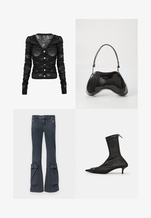 Sort langærmet cardigan lavet af gennemsigtig blonde med rynkede detaljer, med V-hals og seks sølvfarvede knapper foran.; Mørke denim flared bukser med sidelommer og rullede detaljer ved kanten. Glat tekstur og klassisk fem-lommes design.; Sorte mesh ankelstøvler med spidse tæer, lynlås og en lille hæl. Har en dekorativ spændeaccent nær tåområdet.; Sort patentlæder håndtaske med en unik buet form, kort justerbar hank og en lynlåslukning i toppen. Glat tekstur med diskret branding.